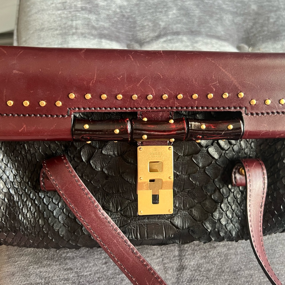 Auth.Gucci 100% Real Python Skin And Burgundy Lea… - image 2